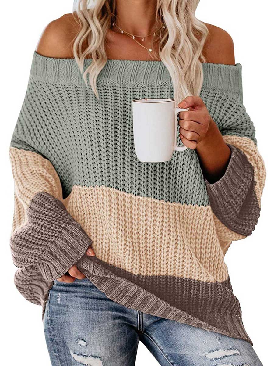 Veleaee One-line Collar Loose Patchwork Color Sweater