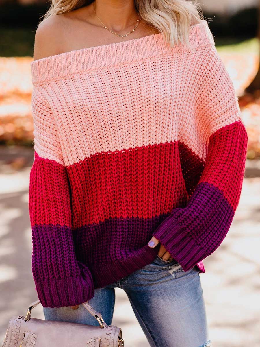 Veleaee One-line Collar Loose Patchwork Color Sweater