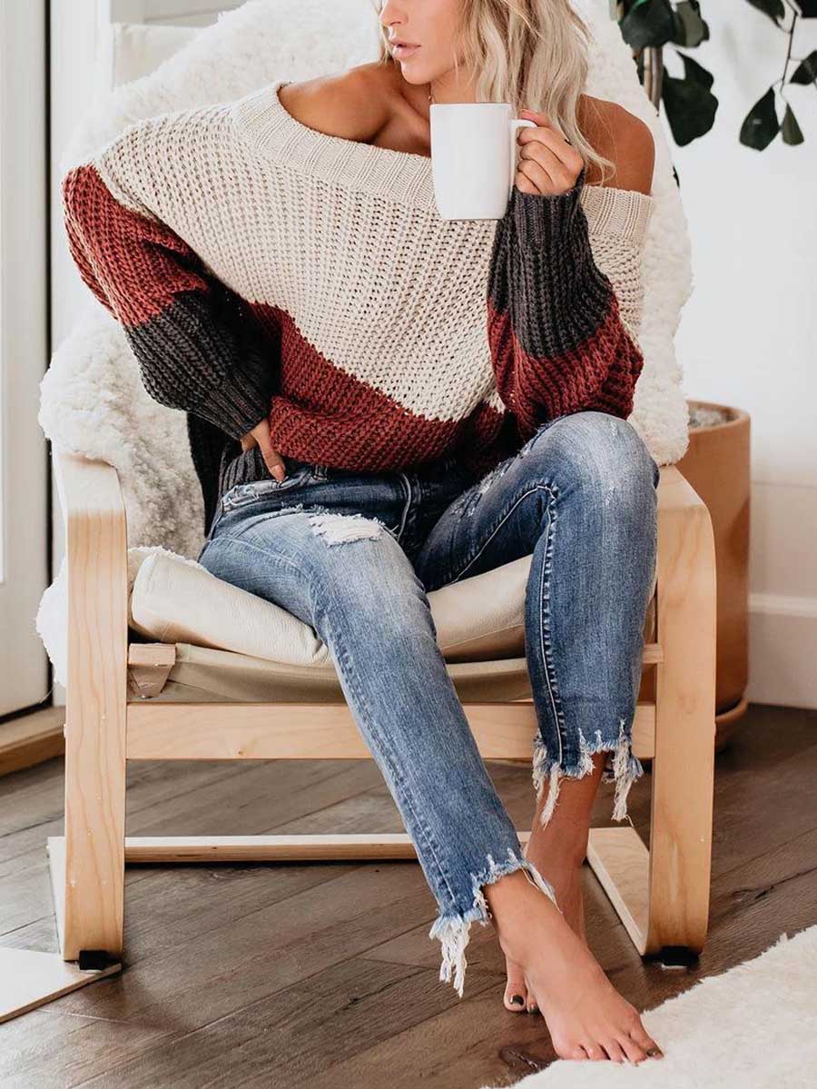 Veleaee One-line Collar Loose Patchwork Color Sweater