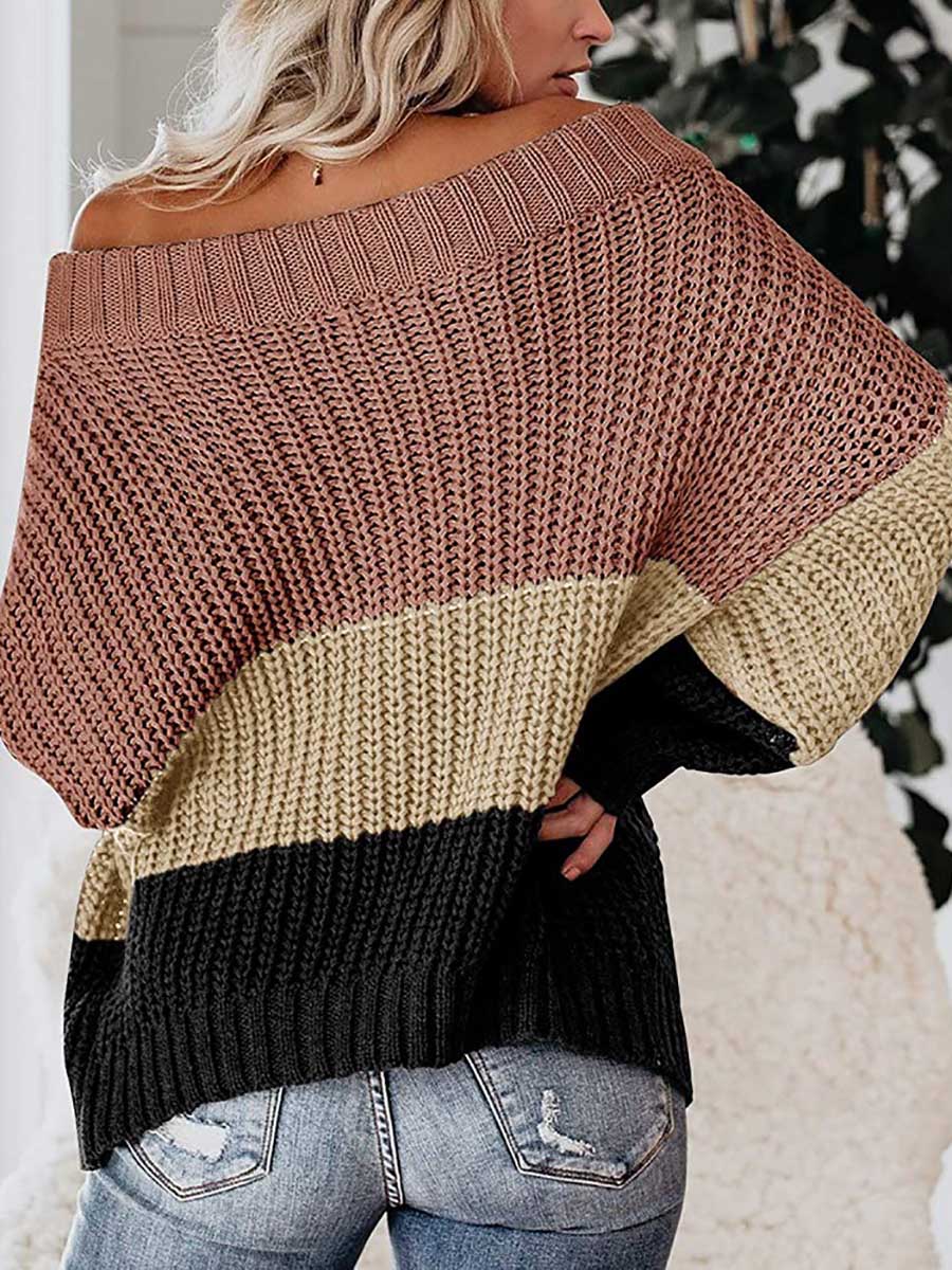 Veleaee One-line Collar Loose Patchwork Color Sweater