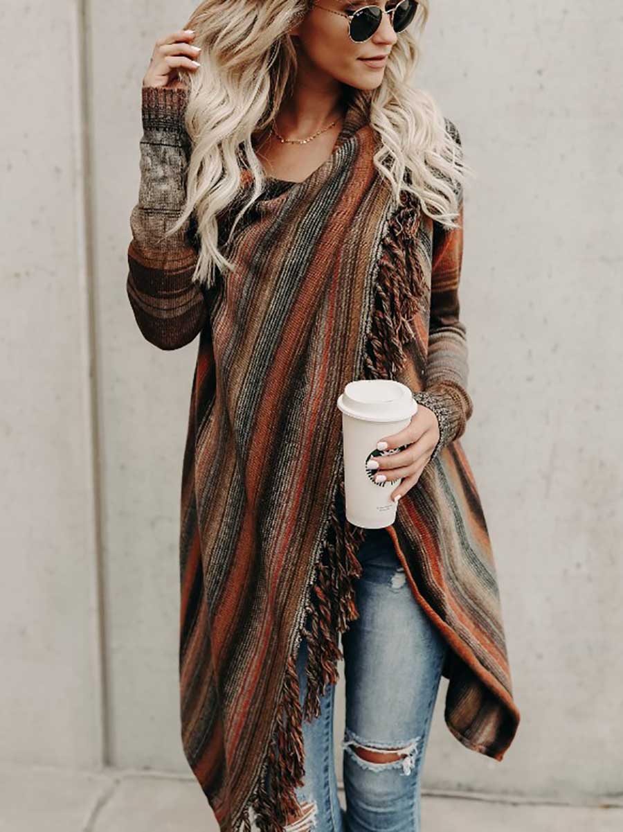 Veleaee Fringed Sweater Knit Jacket