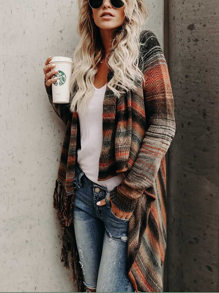 Veleaee Fringed Sweater Knit Jacket