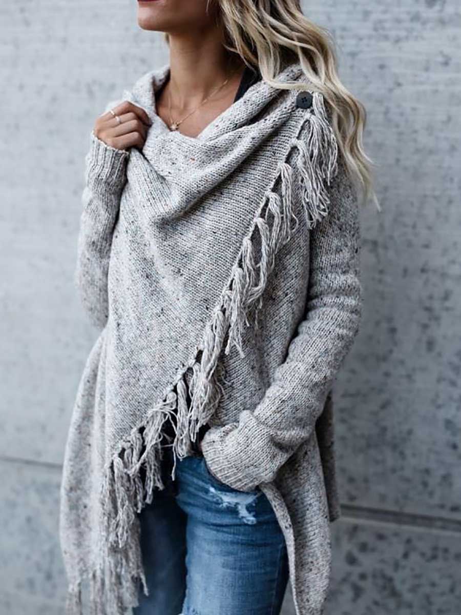 Veleaee Fringed Sweater Knit Jacket