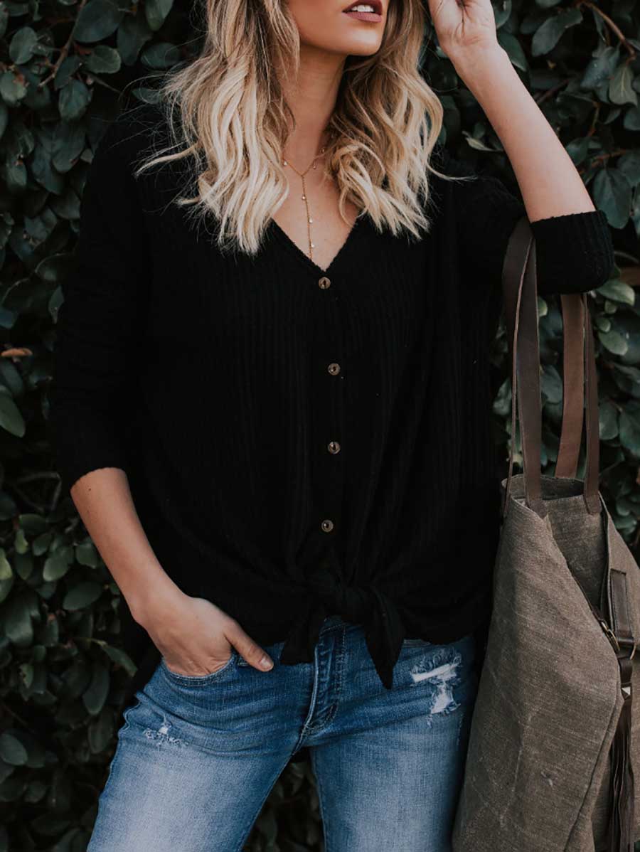 Veleaee Long Sleeve V-Neck Cardigan T-Shirt Bottom Shirt