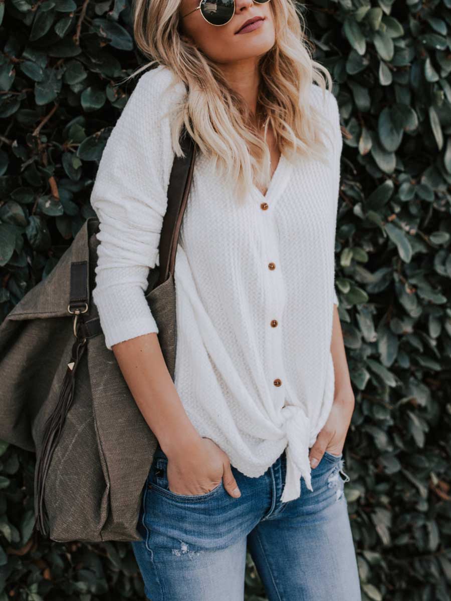 Veleaee Long Sleeve V-Neck Cardigan T-Shirt Bottom Shirt