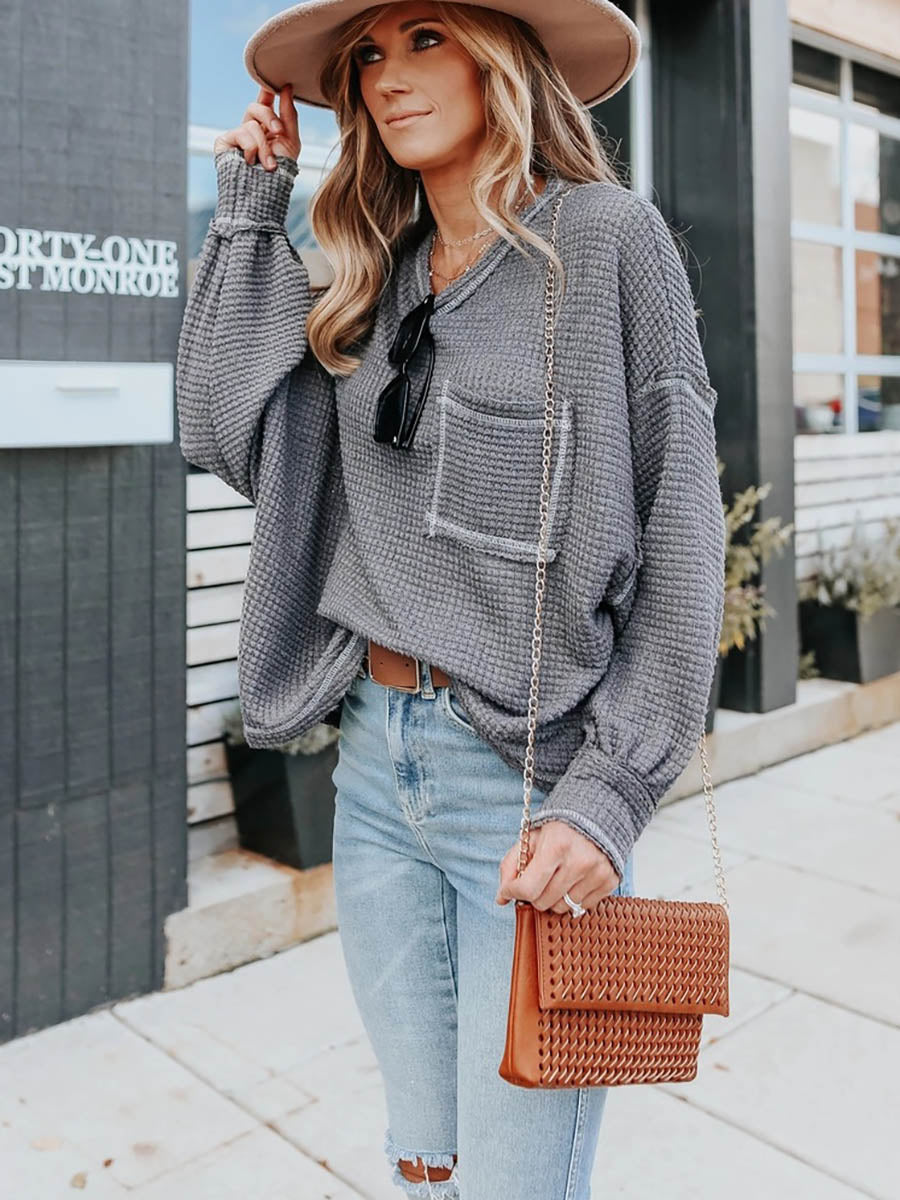 Veleaee Waffle Drop Sleeve Loose Casual Top（6 colors）
