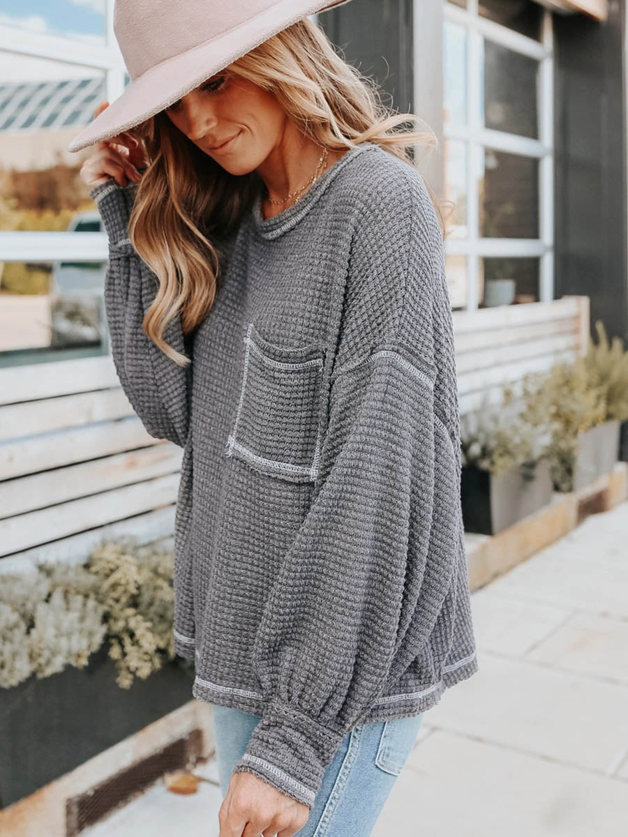 Veleaee Waffle Drop Sleeve Loose Casual Top（6 colors）