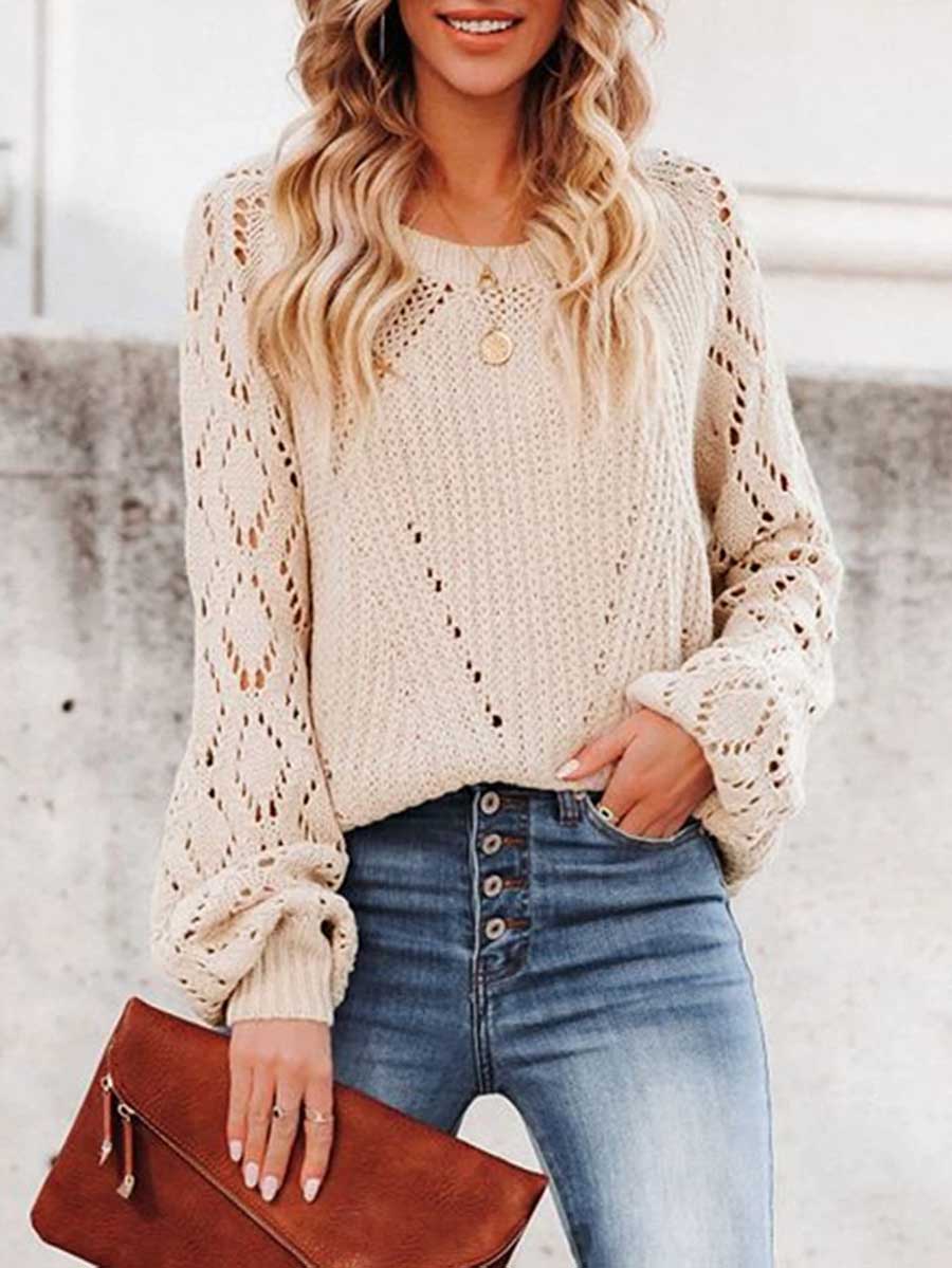 Veleaee Cutout Knit Lantern Sleeve Sweater