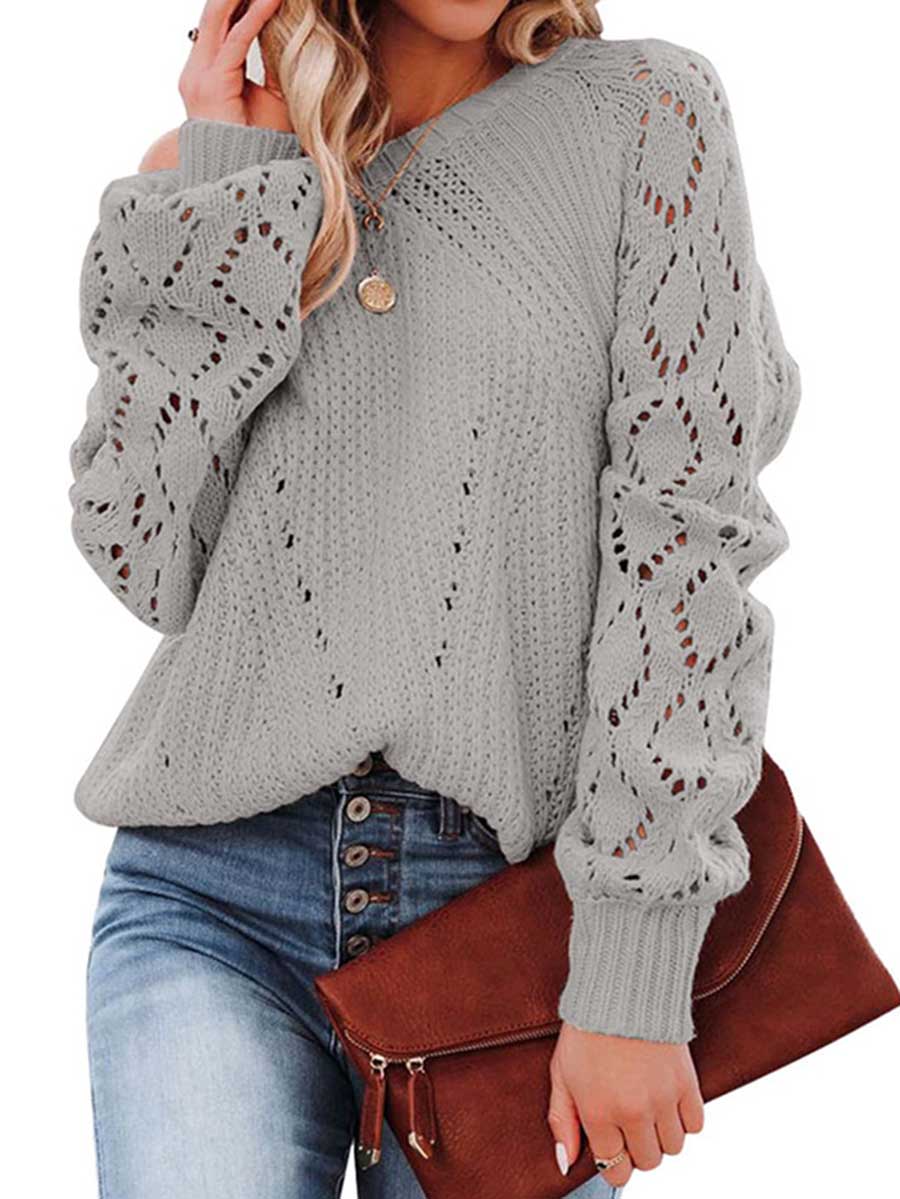 Veleaee Cutout Knit Lantern Sleeve Sweater