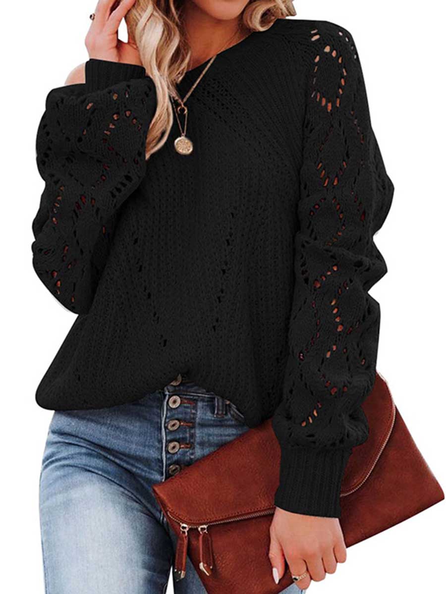 Veleaee Cutout Knit Lantern Sleeve Sweater