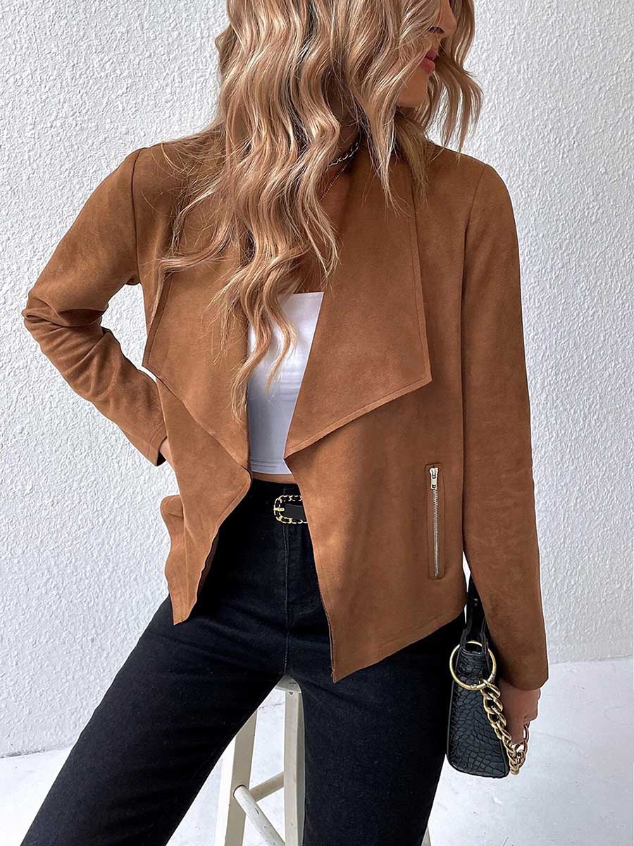 Veleaee Leather Velvet Lapel Long Sleeve Zipper Jacket