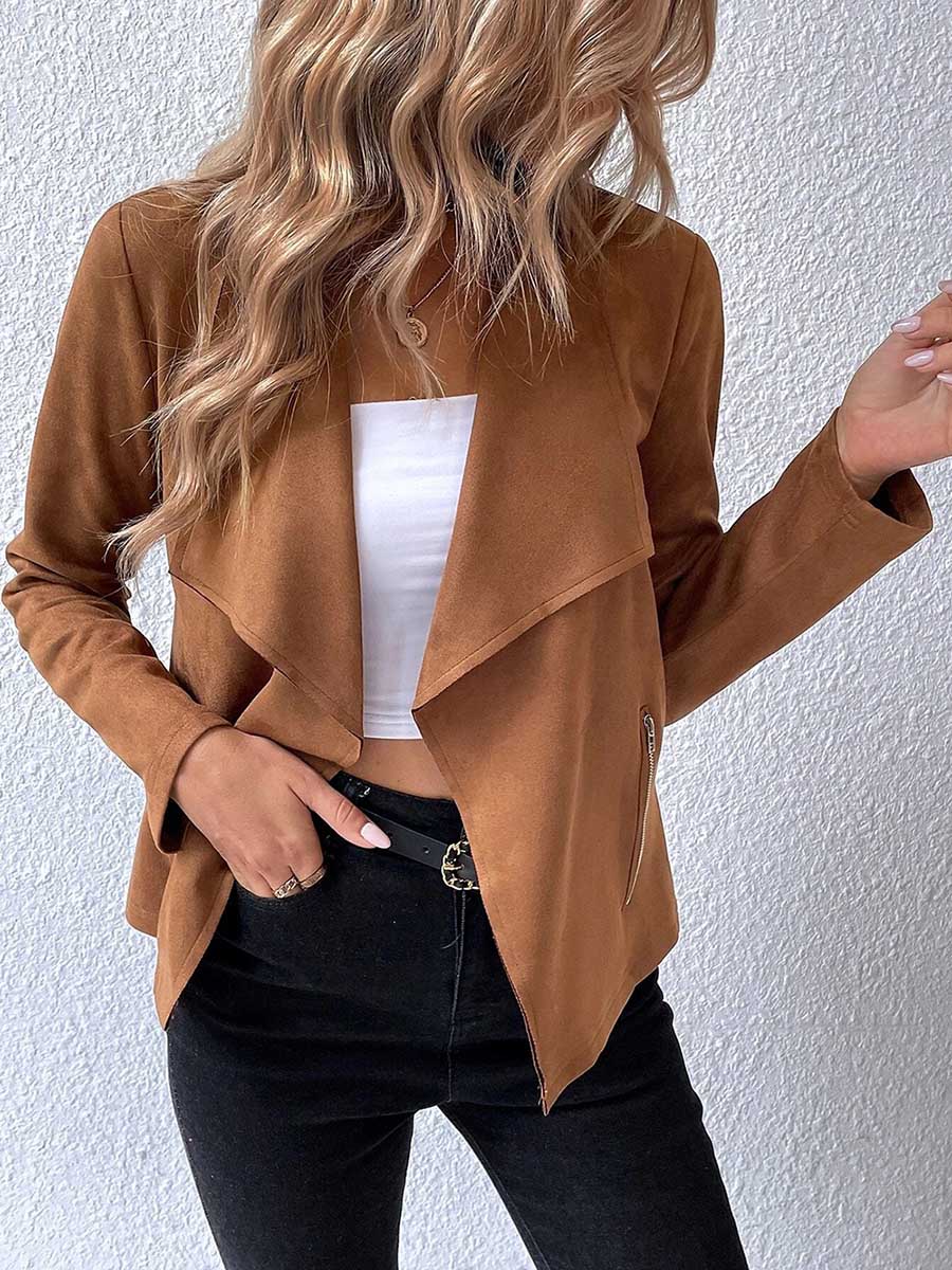 Veleaee Leather Velvet Lapel Long Sleeve Zipper Jacket