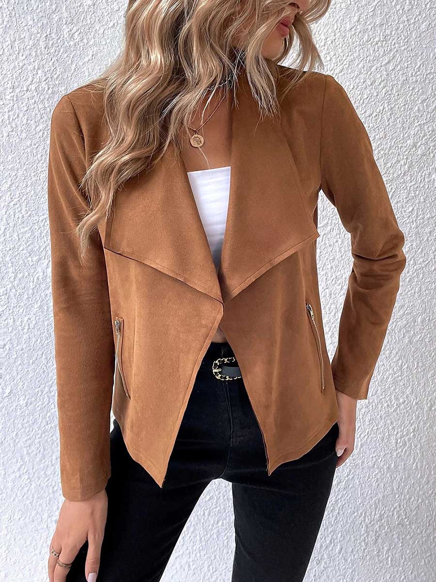 Veleaee Leather Velvet Lapel Long Sleeve Zipper Jacket