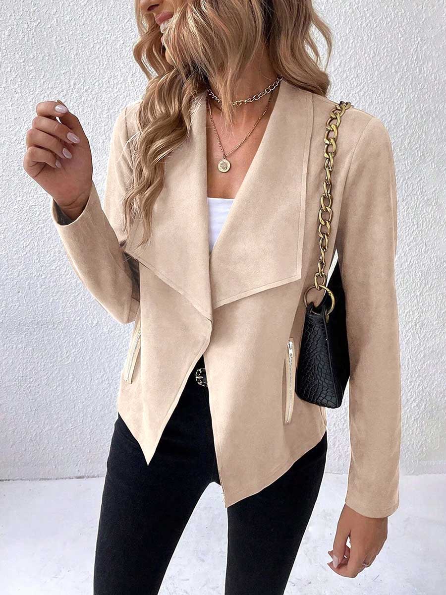 Veleaee Leather Velvet Lapel Long Sleeve Zipper Jacket