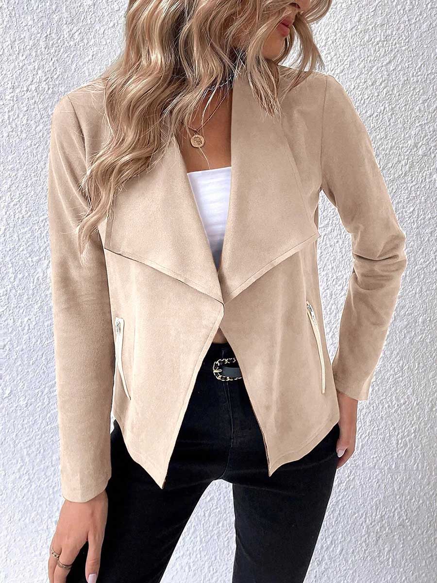 Veleaee Leather Velvet Lapel Long Sleeve Zipper Jacket