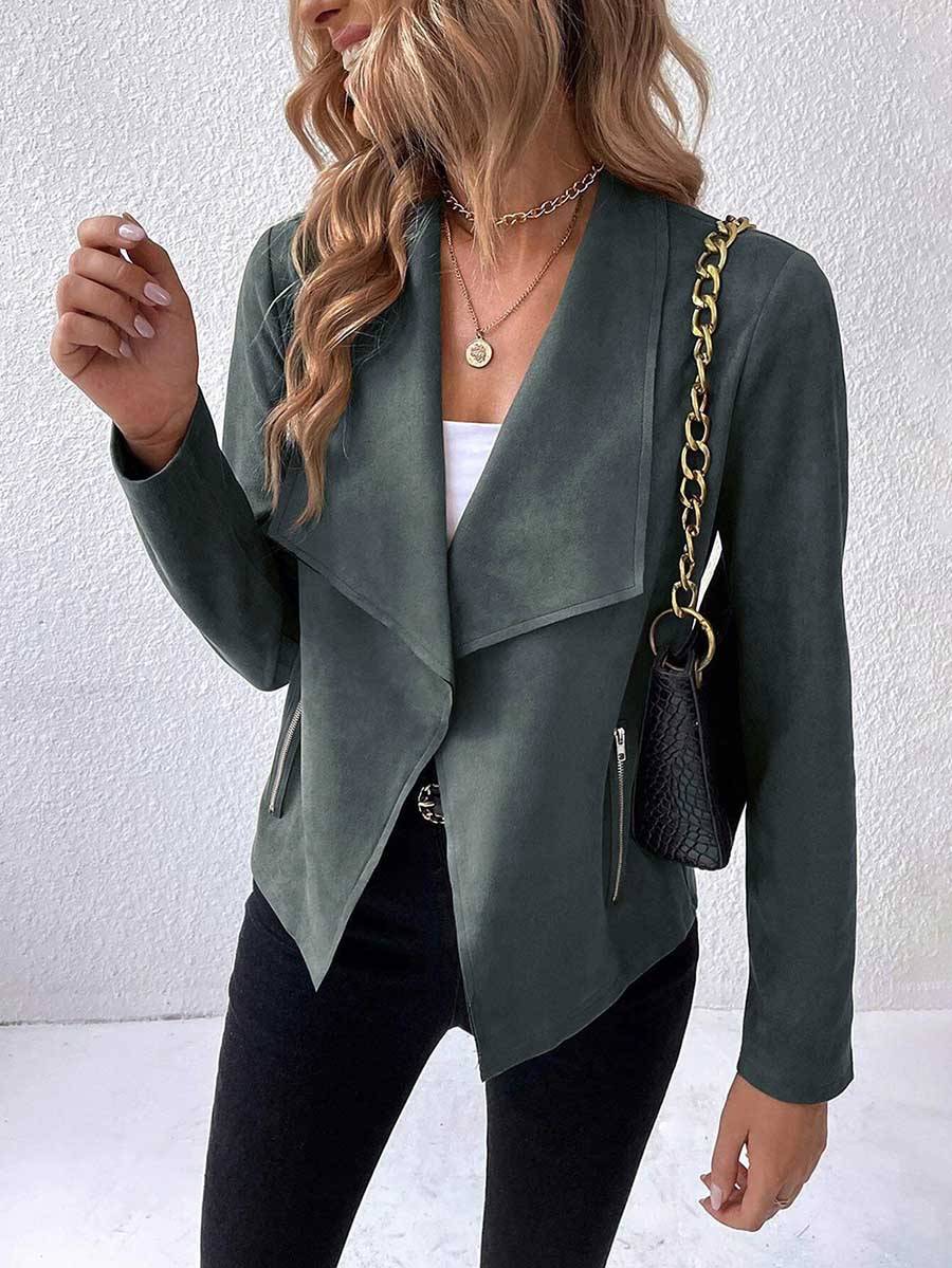 Veleaee Leather Velvet Lapel Long Sleeve Zipper Jacket