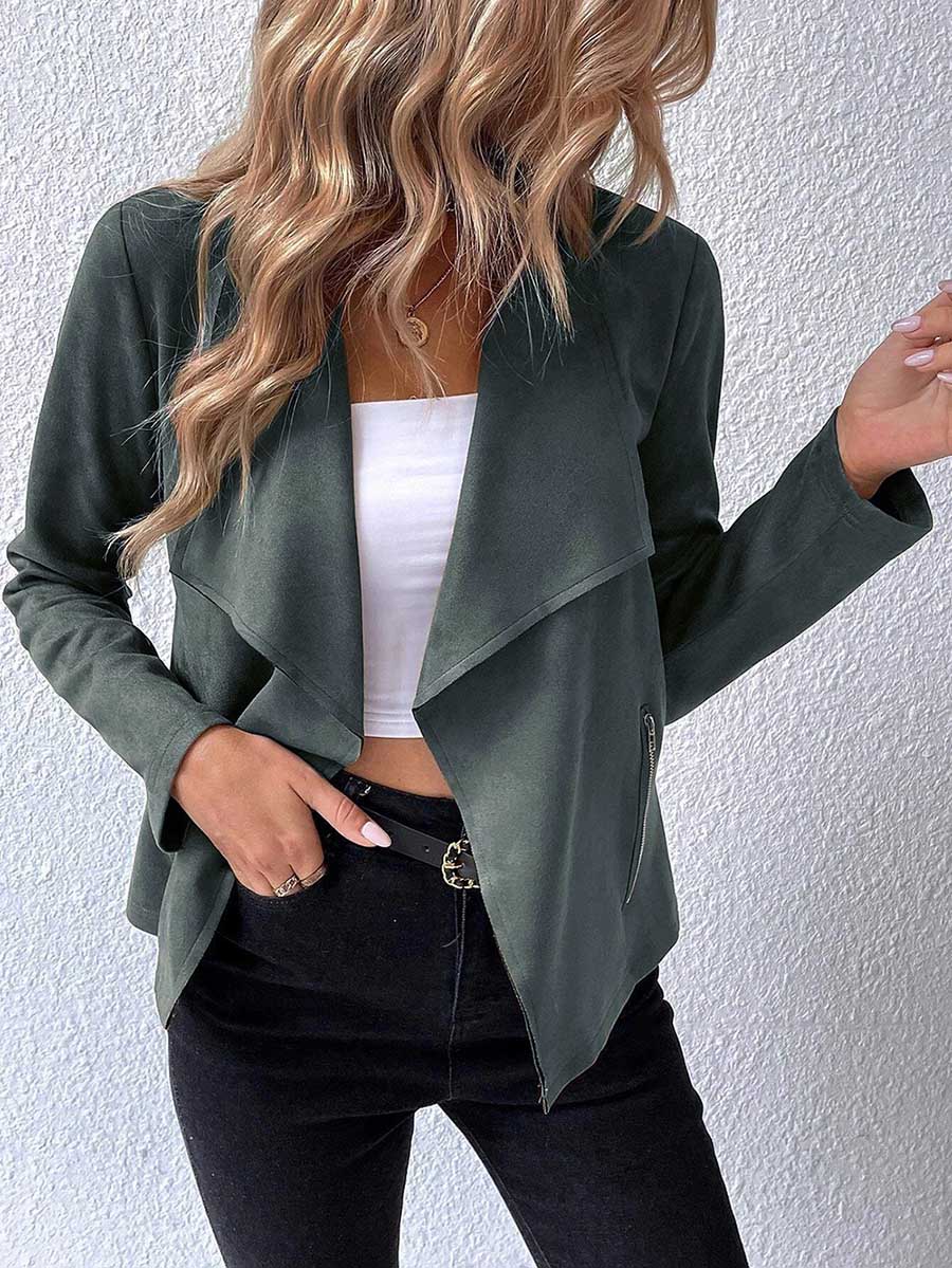 Veleaee Leather Velvet Lapel Long Sleeve Zipper Jacket