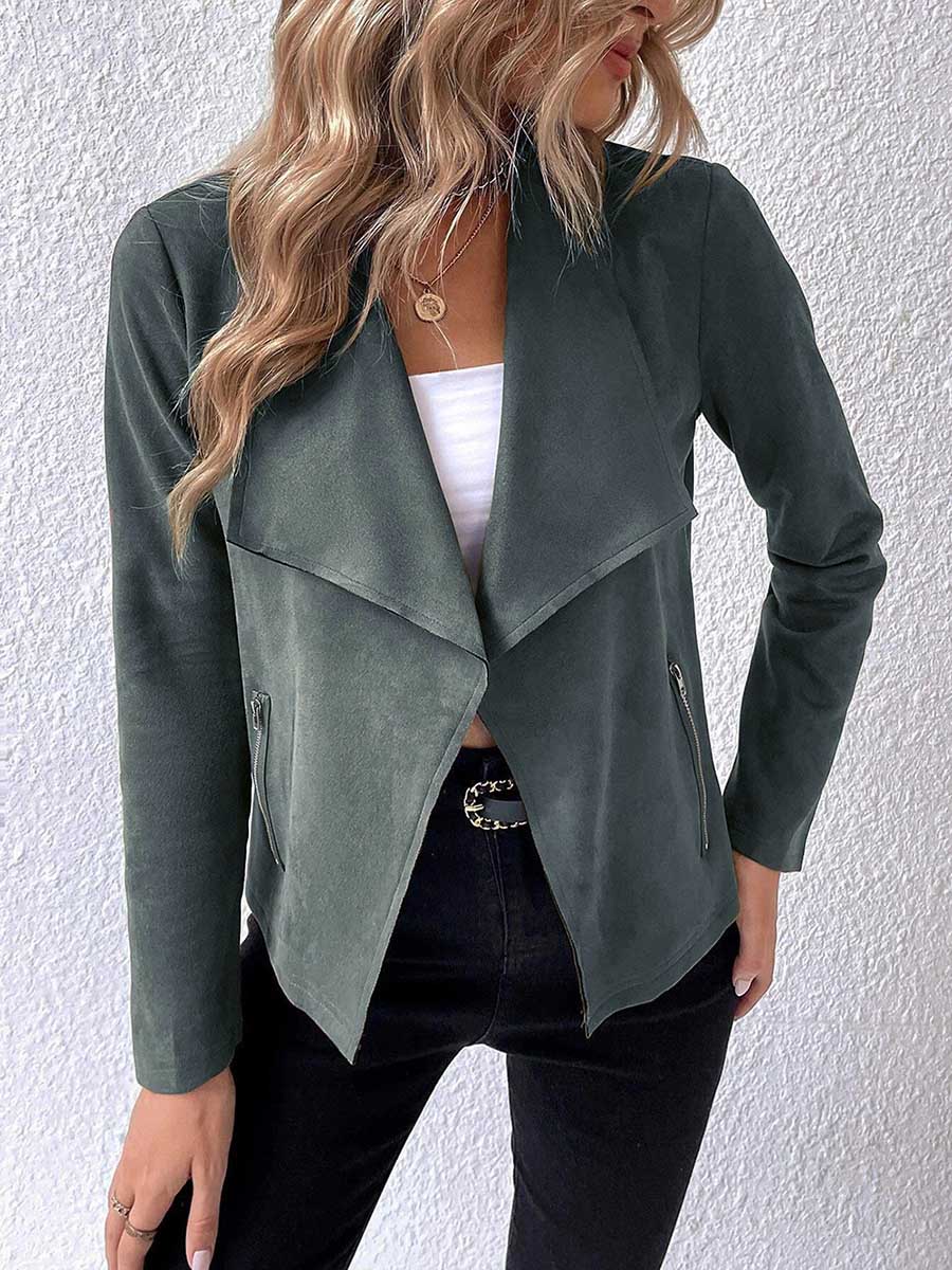 Veleaee Leather Velvet Lapel Long Sleeve Zipper Jacket