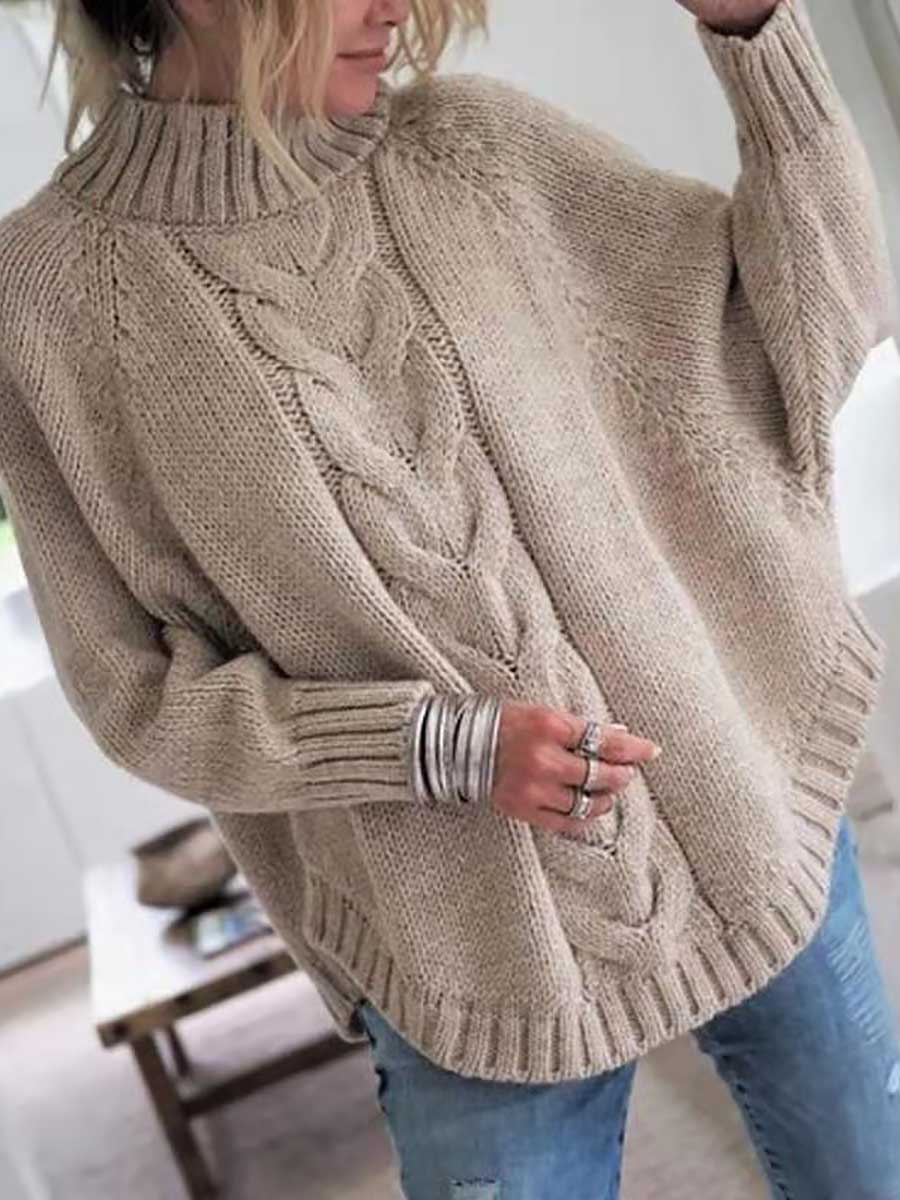 Veleaee Batwing Sleeve Half High Neck Twist Knit