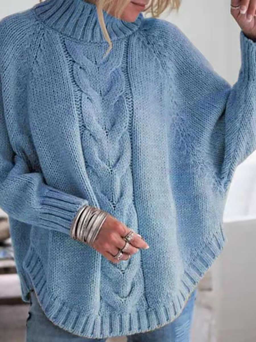 Veleaee Batwing Sleeve Half High Neck Twist Knit