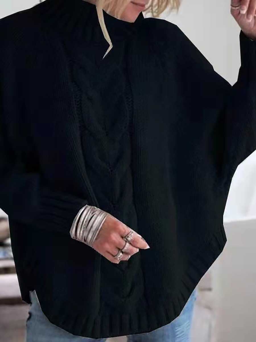 Veleaee Batwing Sleeve Half High Neck Twist Knit