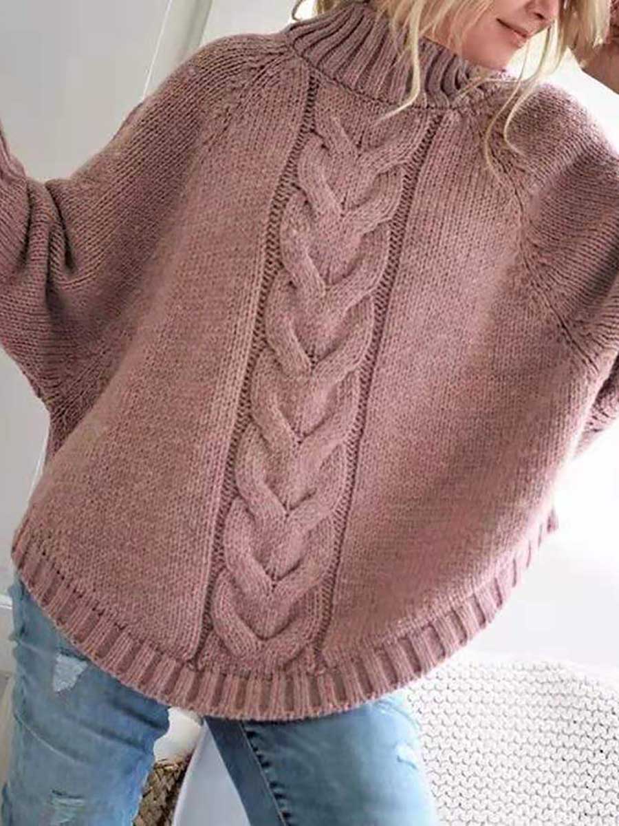 Veleaee Batwing Sleeve Half High Neck Twist Knit