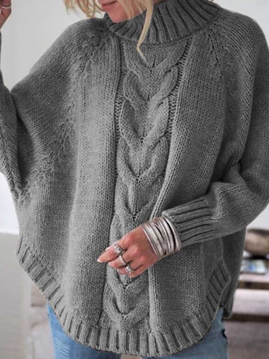 Veleaee Batwing Sleeve Half High Neck Twist Knit