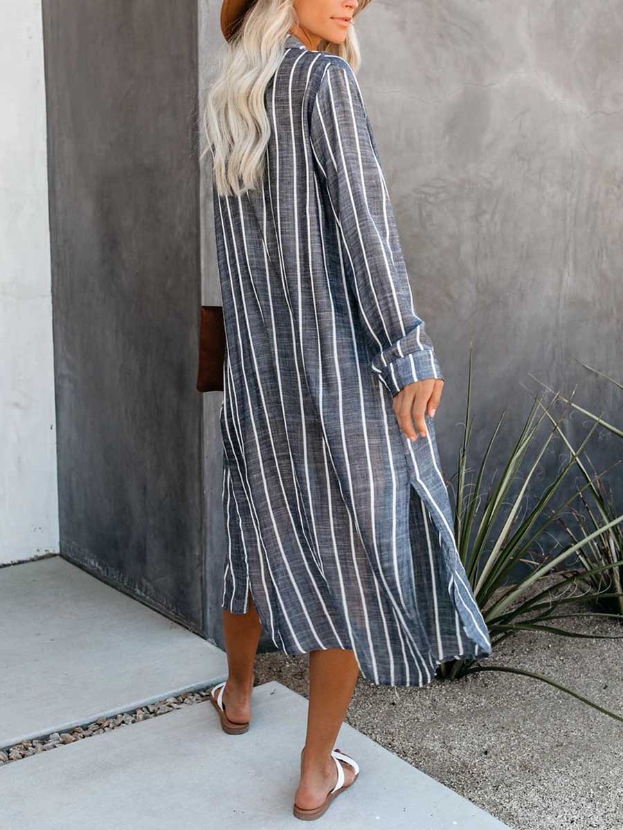 Veleaee Long Sleeve Knee Length Lapel Striped Shirt