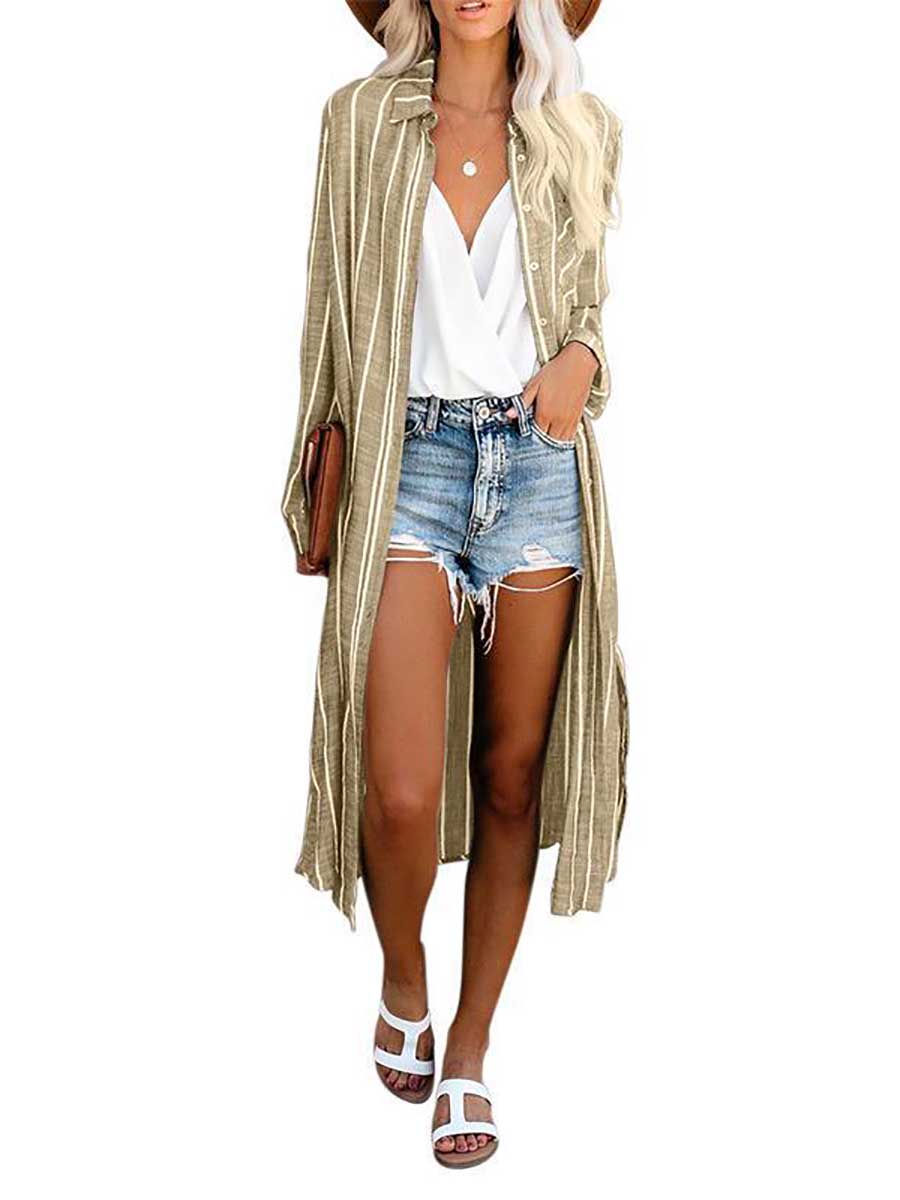 Veleaee Long Sleeve Knee Length Lapel Striped Shirt