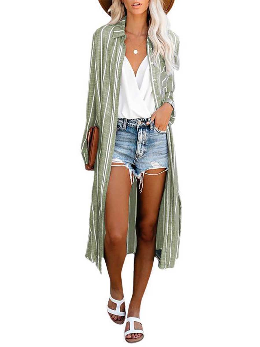 Veleaee Long Sleeve Knee Length Lapel Striped Shirt