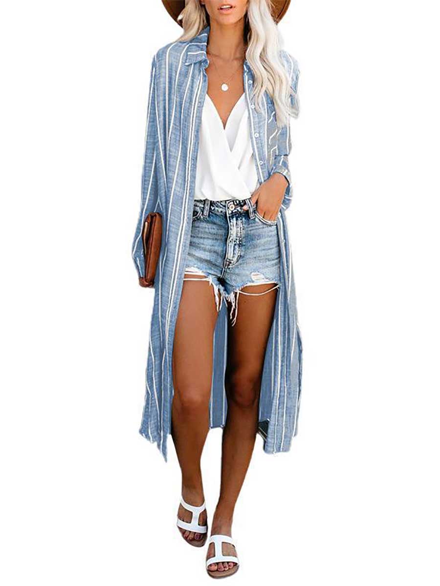 Veleaee Long Sleeve Knee Length Lapel Striped Shirt