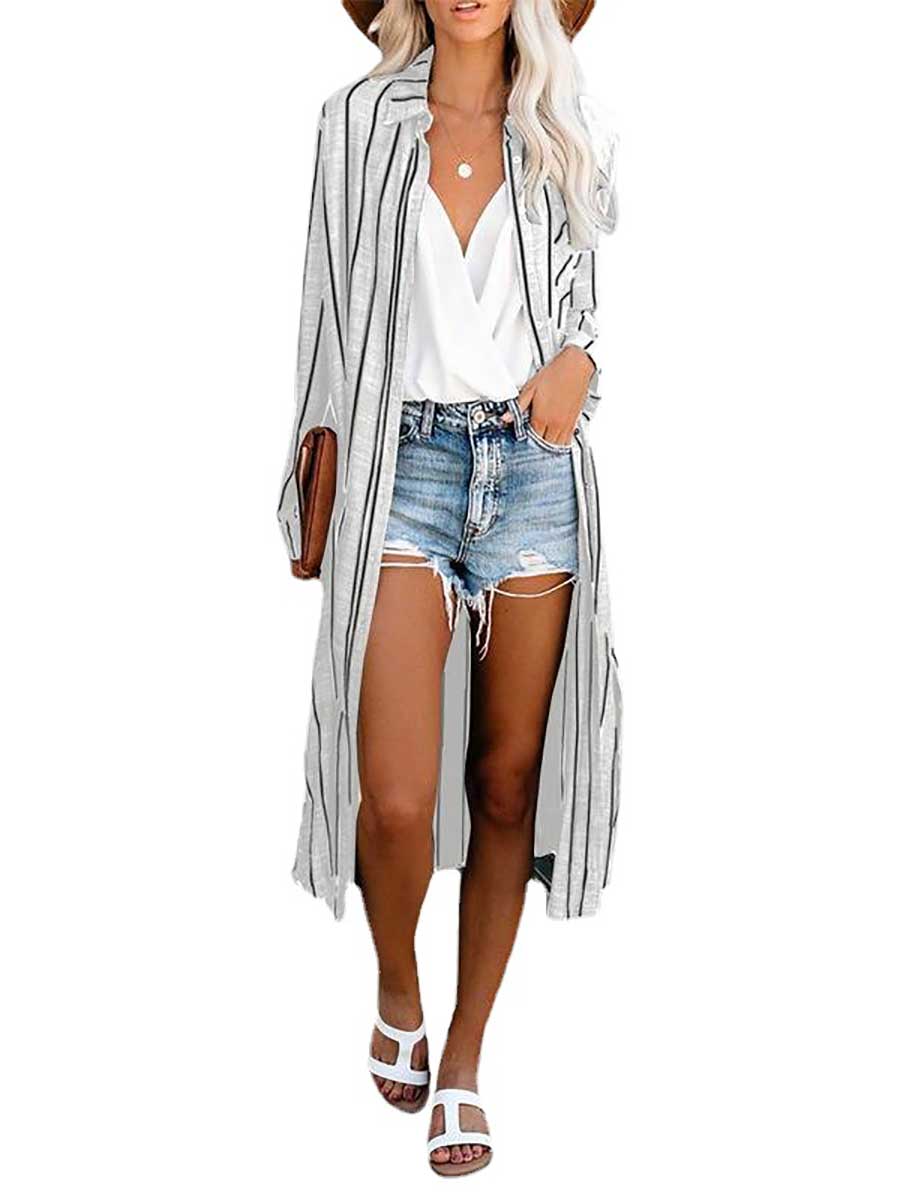 Veleaee Long Sleeve Knee Length Lapel Striped Shirt