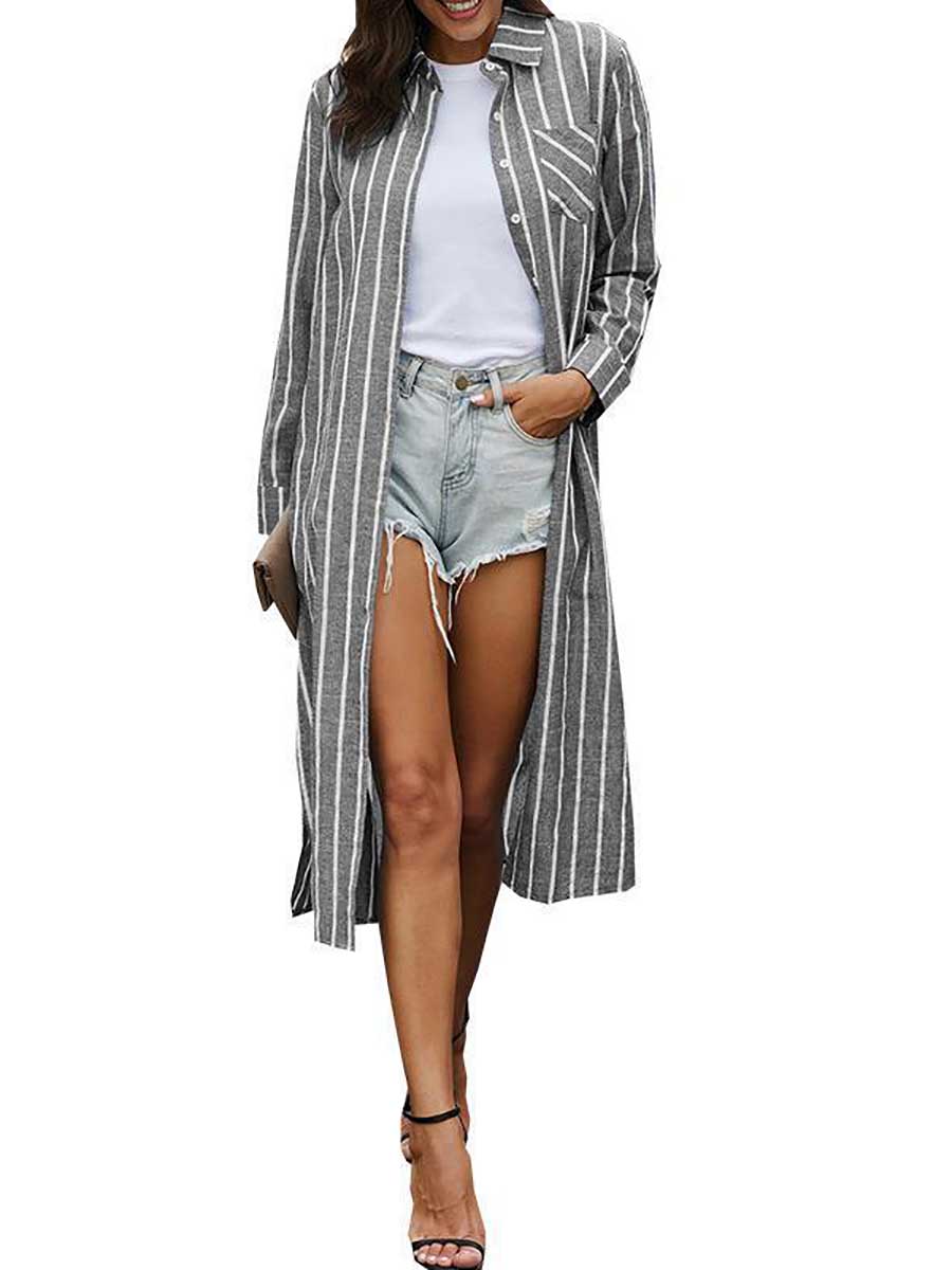 Veleaee Long Sleeve Knee Length Lapel Striped Shirt