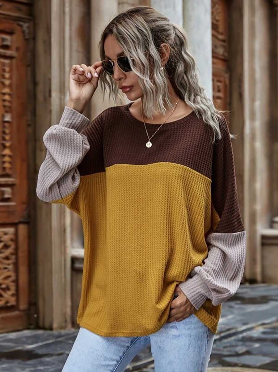 Veleaee Colorblocked Waffle Long Sleeve Casual Top