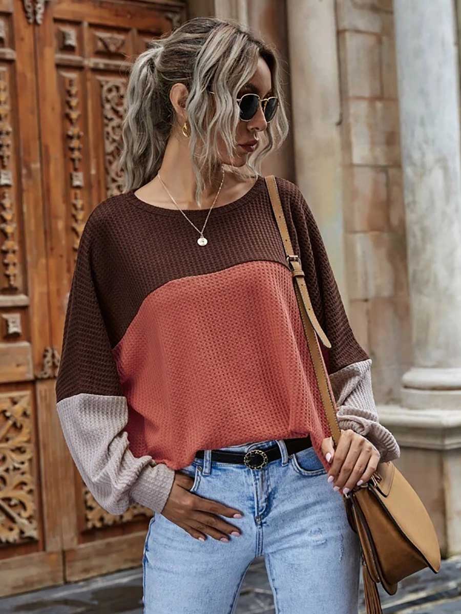 Veleaee Colorblocked Waffle Long Sleeve Casual Top
