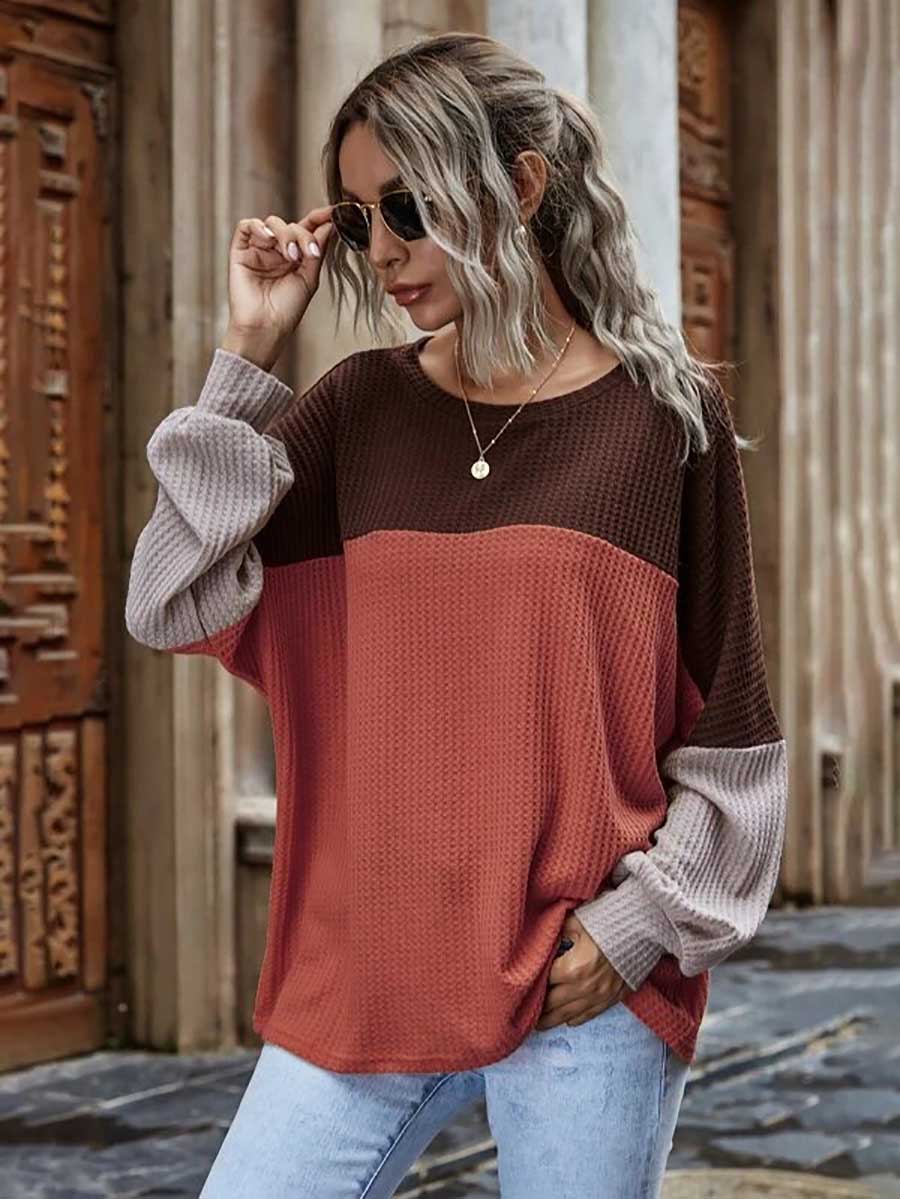 Veleaee Colorblocked Waffle Long Sleeve Casual Top