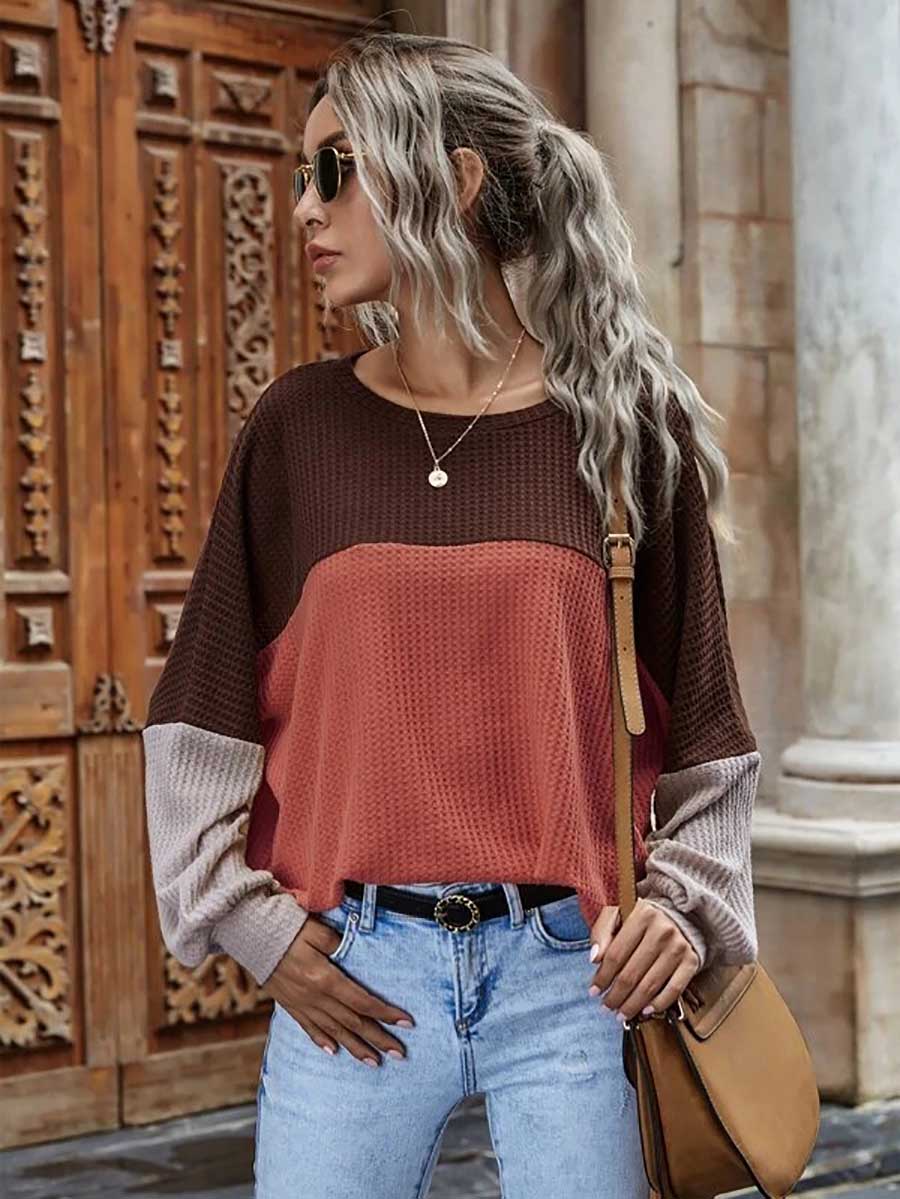 Veleaee Colorblocked Waffle Long Sleeve Casual Top