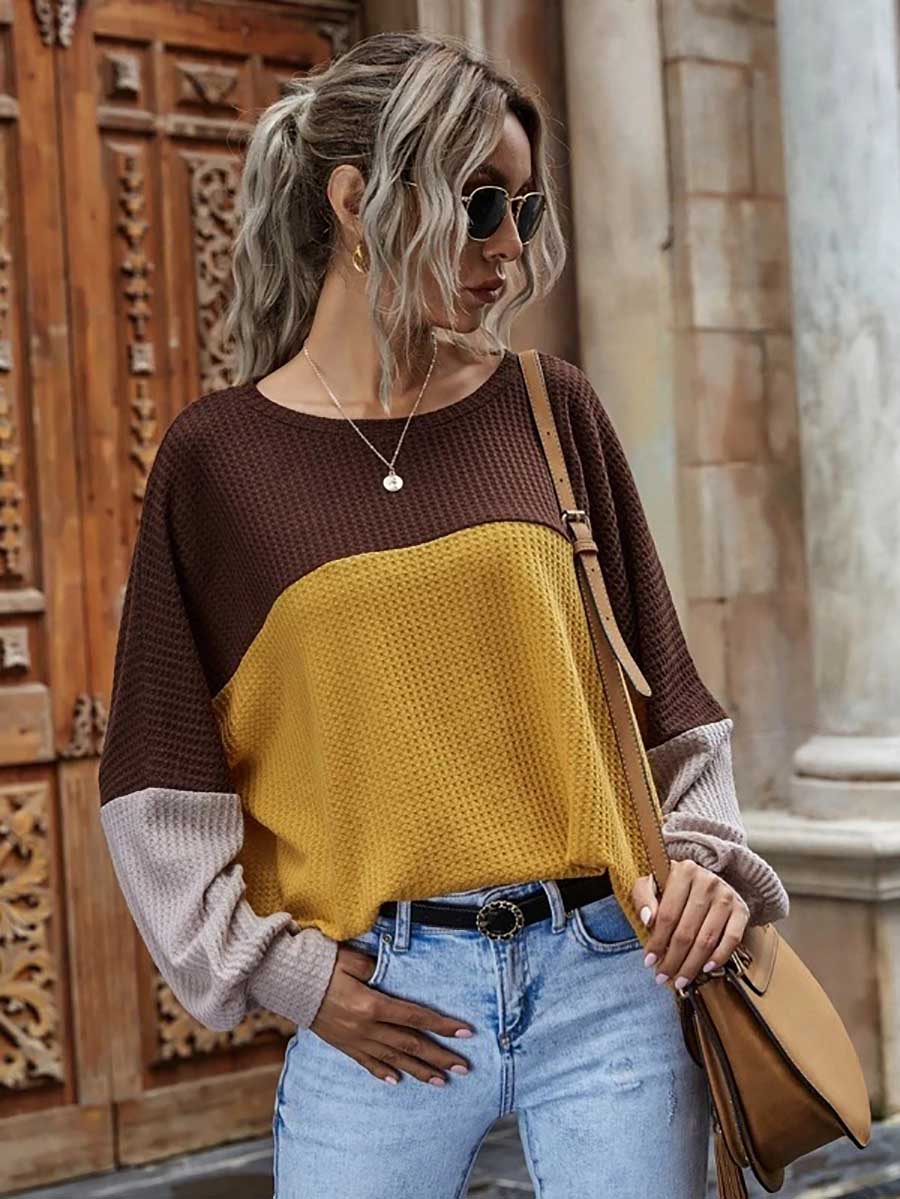 Veleaee Colorblocked Waffle Long Sleeve Casual Top