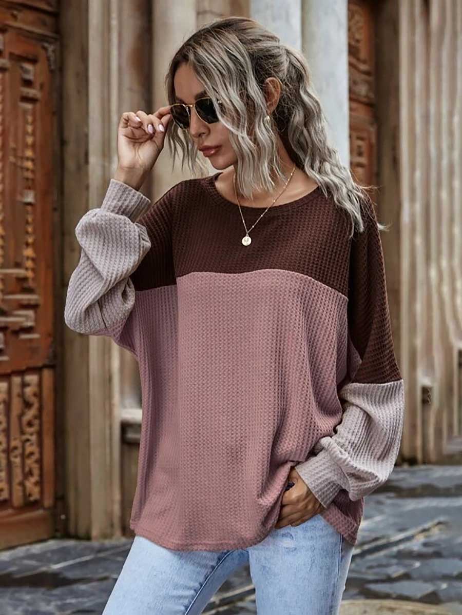 Veleaee Colorblocked Waffle Long Sleeve Casual Top