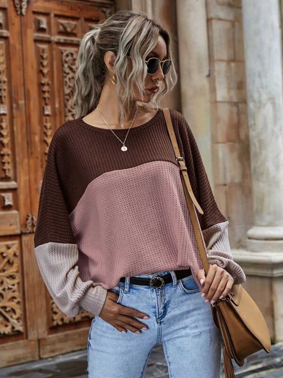 Veleaee Colorblocked Waffle Long Sleeve Casual Top