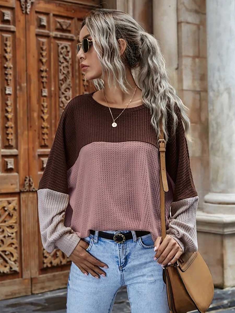 Veleaee Colorblocked Waffle Long Sleeve Casual Top