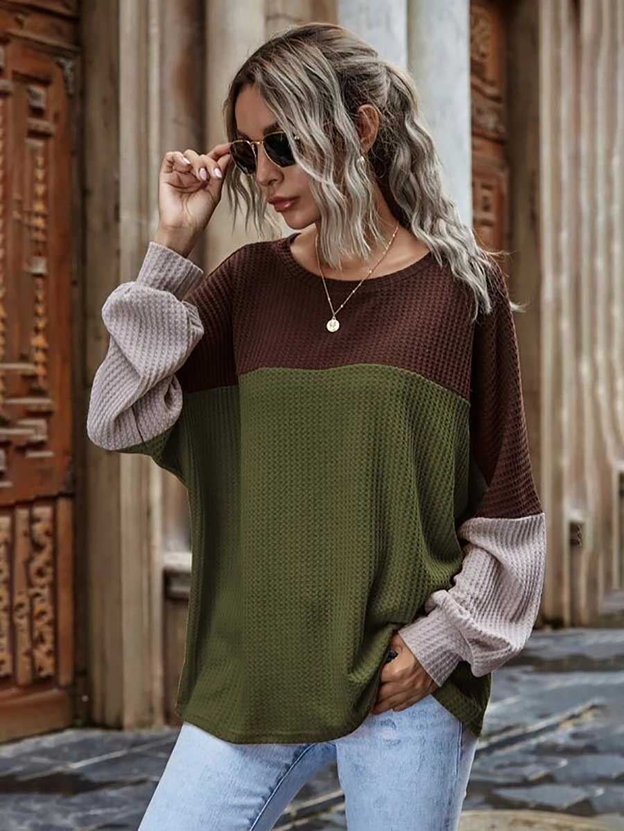 Veleaee Colorblocked Waffle Long Sleeve Casual Top