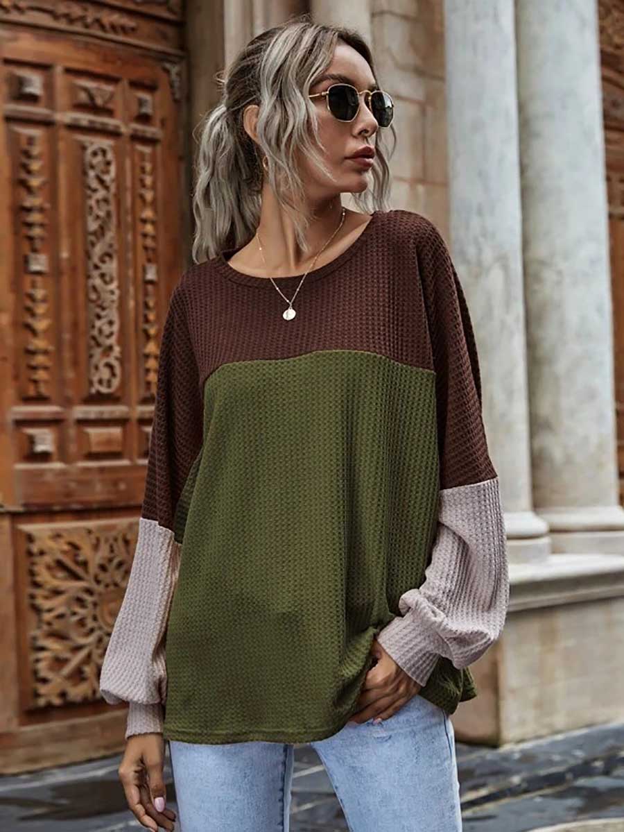 Veleaee Colorblocked Waffle Long Sleeve Casual Top