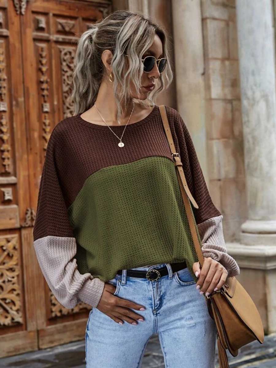 Veleaee Colorblocked Waffle Long Sleeve Casual Top