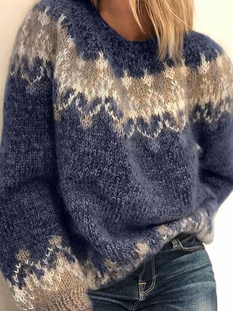 Veleaee Loose Mohair Chunky Knit Jacquard Sweater