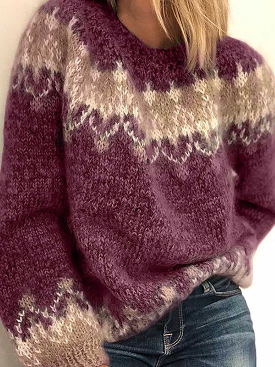 Veleaee Loose Mohair Chunky Knit Jacquard Sweater
