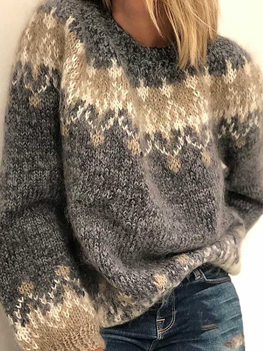 Veleaee Loose Mohair Chunky Knit Jacquard Sweater