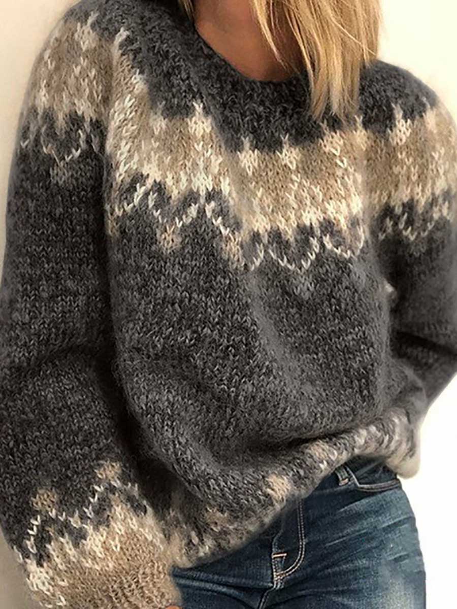 Veleaee Loose Mohair Chunky Knit Jacquard Sweater