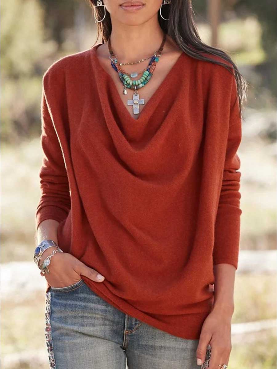 Veleaee Stacked Neck Solid Color Sweater Sweatshirt