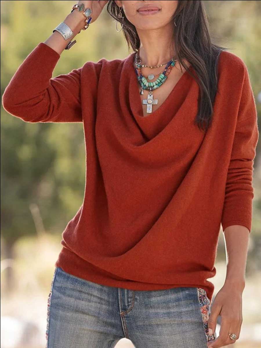 Veleaee Stacked Neck Solid Color Sweater Sweatshirt